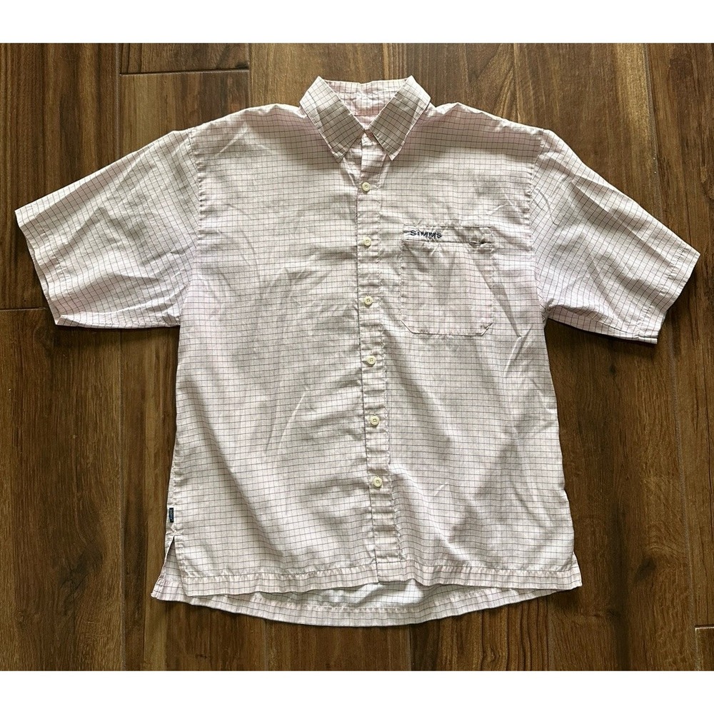 Simms Shirt Mens Large White‎ Plaid Button Up Short Sleeve Fishing EUC Outdoor